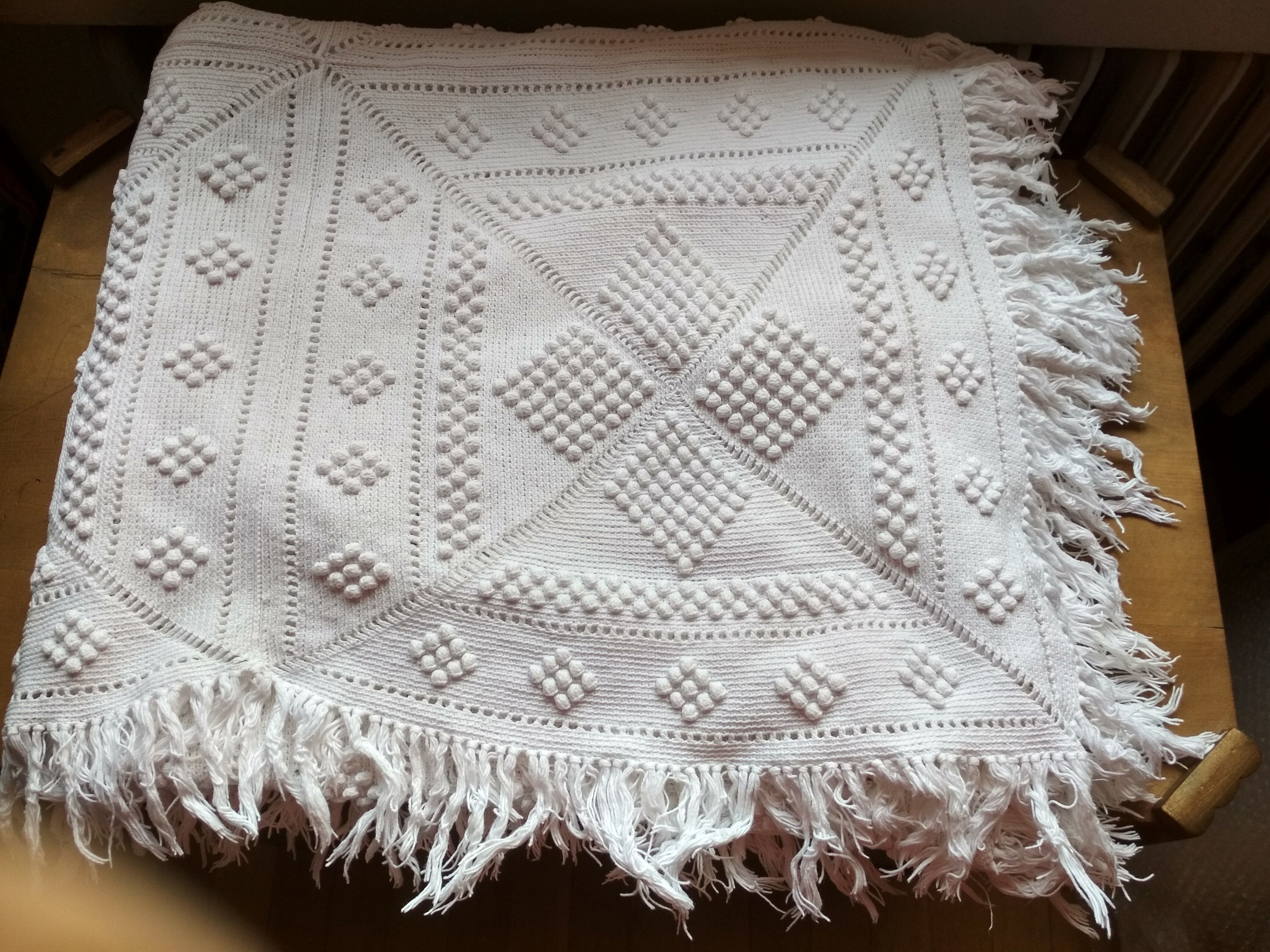 White cotton bed top, old crochet bed throw