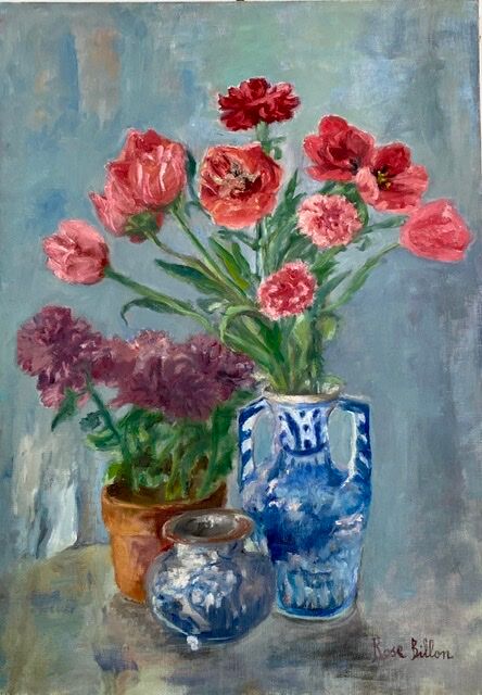 Ancient painting, still life in vase, flower pot and pitcher, signed, 20th century
