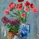 Ancient painting, still life in vase, flower pot and pitcher, signed, 20th century