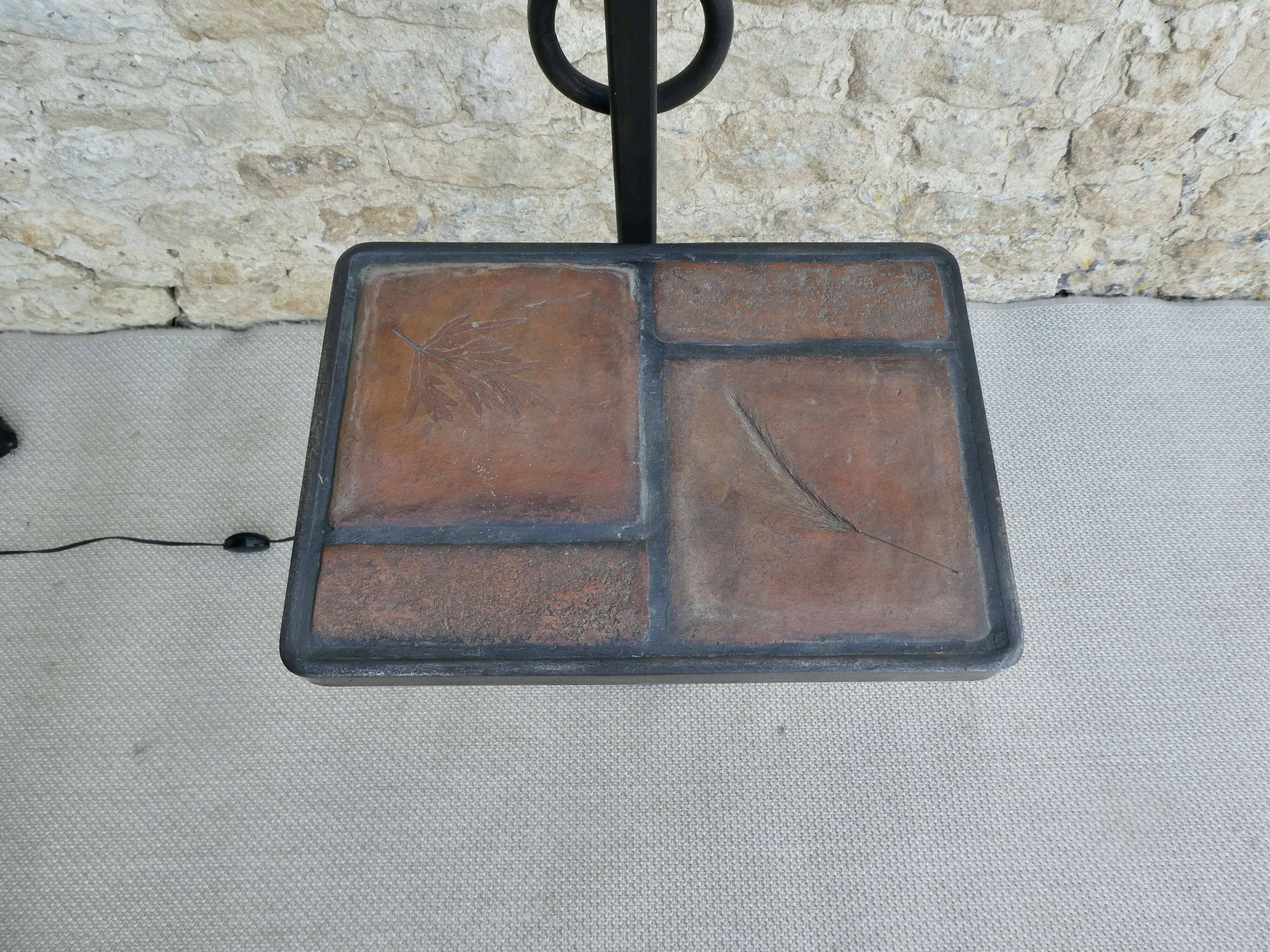 Wrought iron floor lamp with sandstone shelf herbarium decoration, 60s
