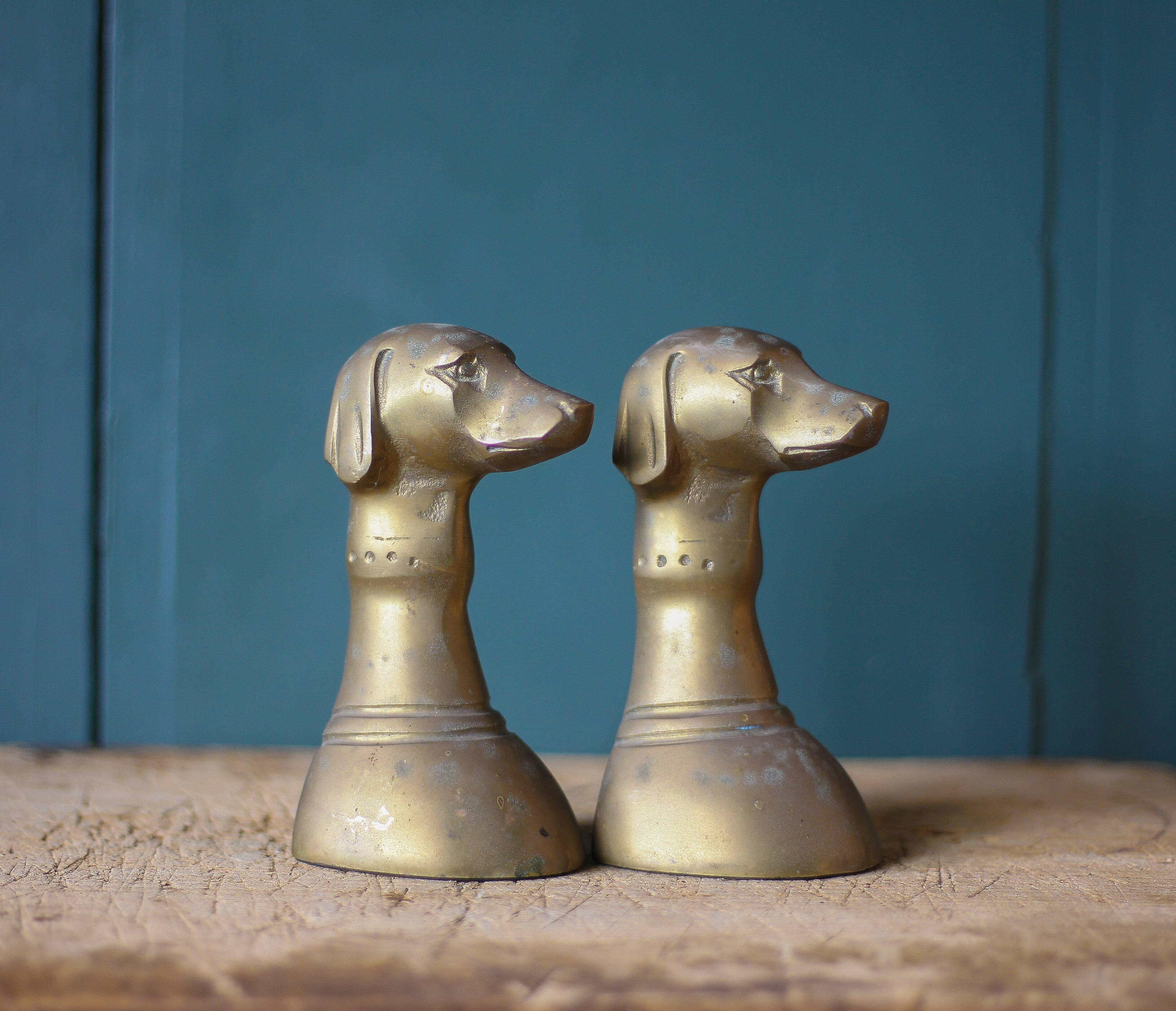 Vintage brass dog head bookends, brass greyhound animals, paperweight, library, office