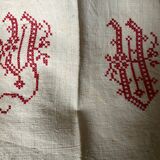 Nappe en toile de chanvre brut 19e brodée XXL