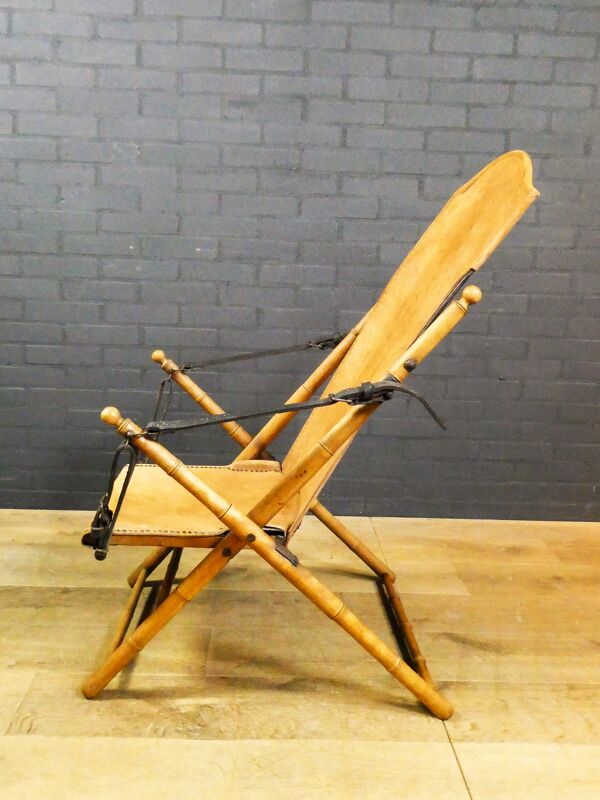 Chaise pliante de salon de campagne de safari antique, Espagne 19ème siècle