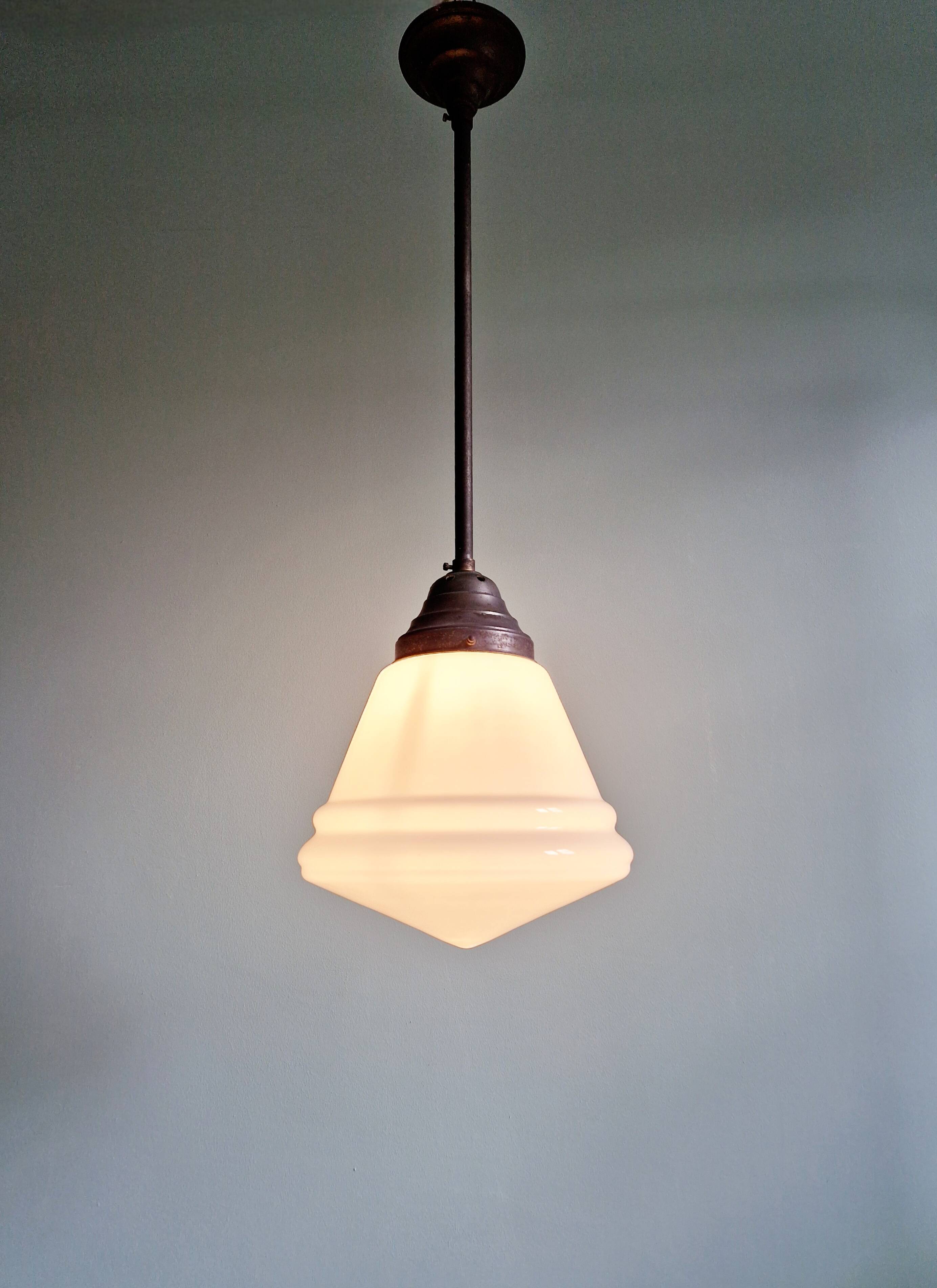 Large Art Deco pendant light in white opaline glass, conical, 1920s-30s