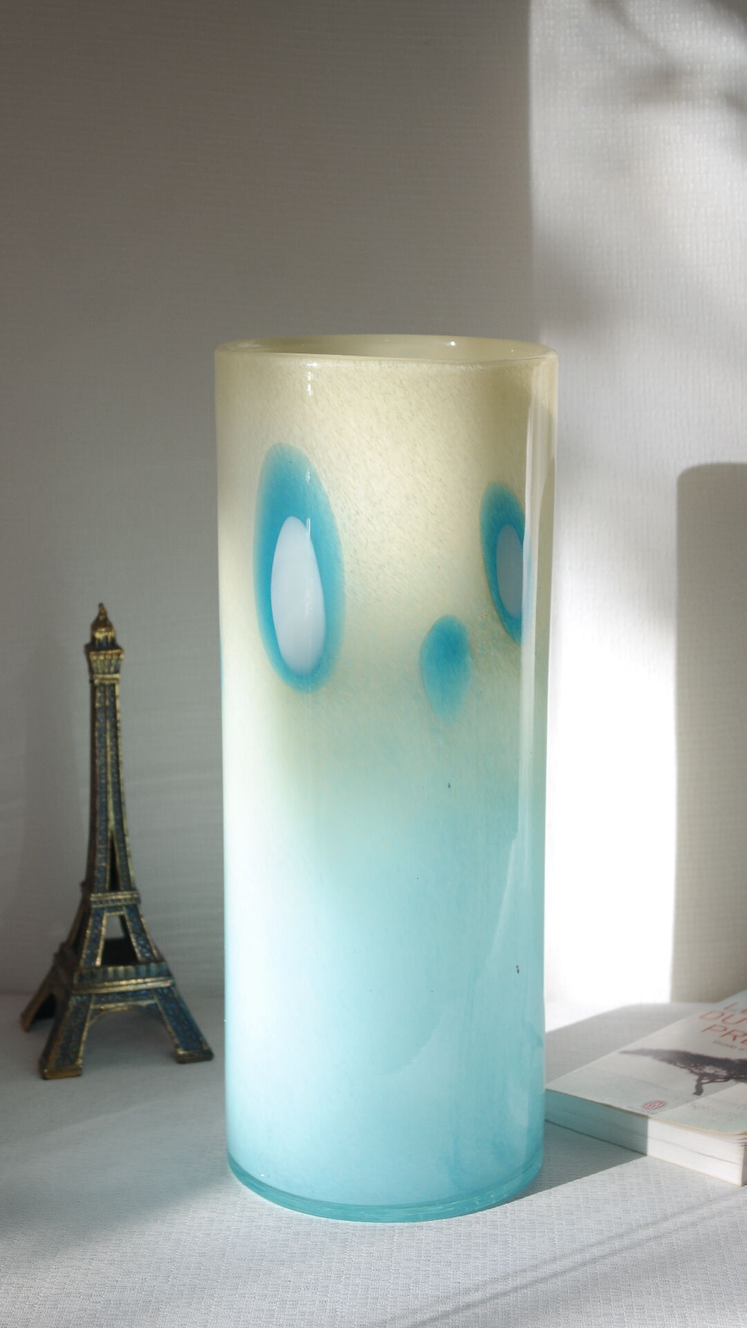 Vintage 70's blue blown glass tubular vase