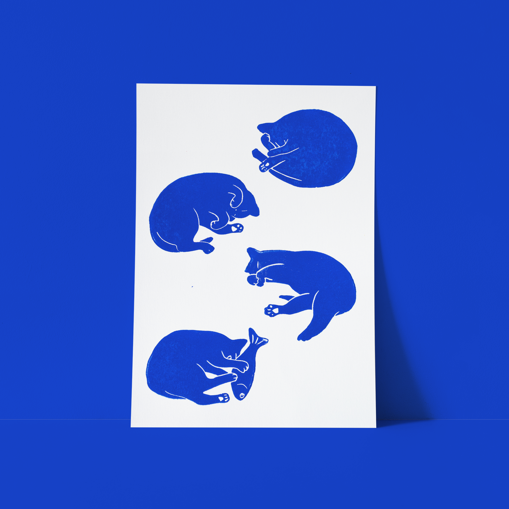 Original linocut - quartet of cats