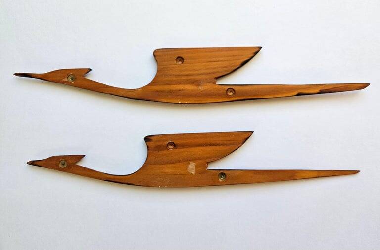 Pair of rare mid-century wooden wall sculptures representing birds and herons, Denmark, 1960s.