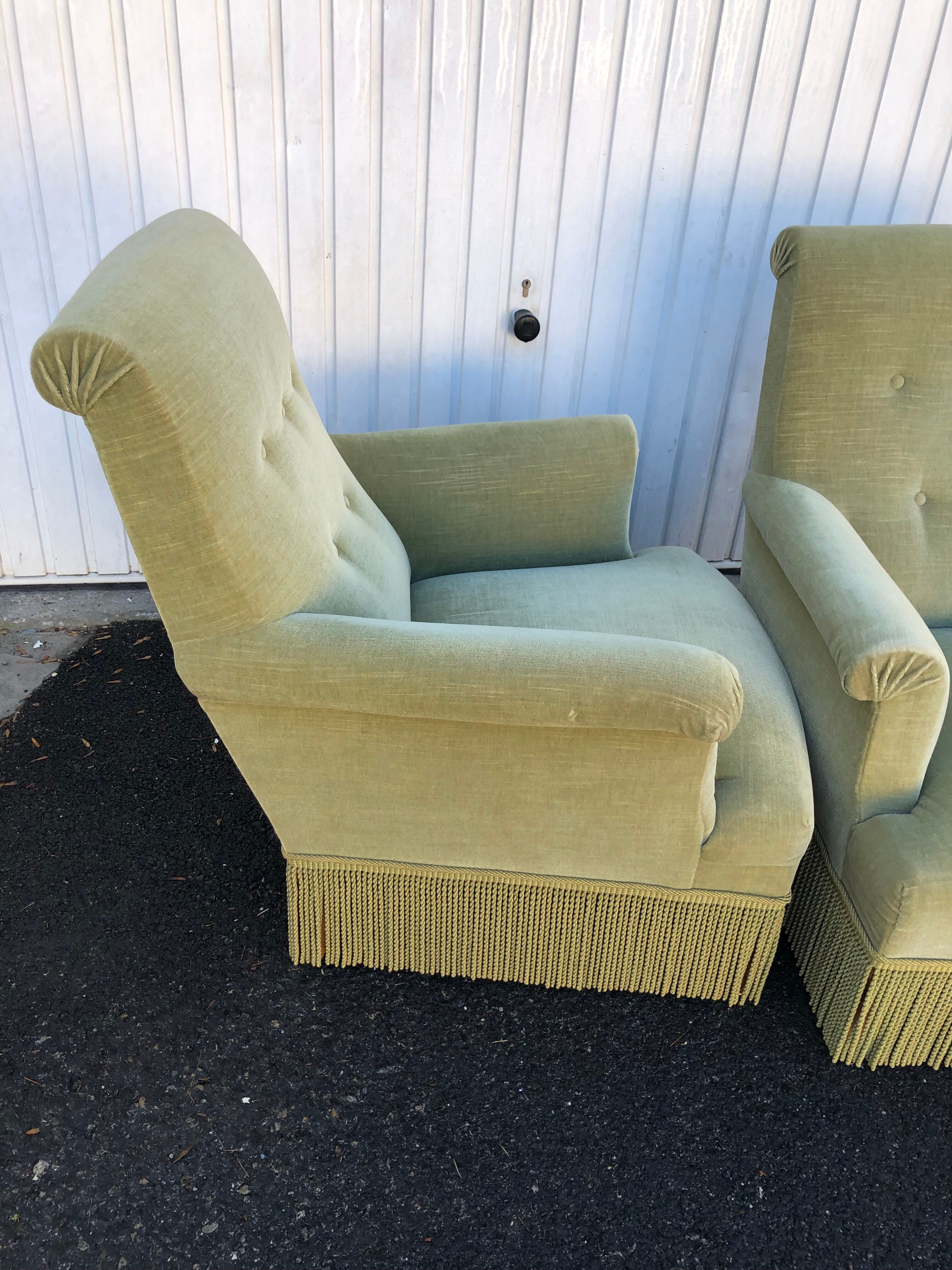 Pair of vintage almond green velvet armchairs