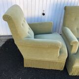 Pair of vintage almond green velvet armchairs