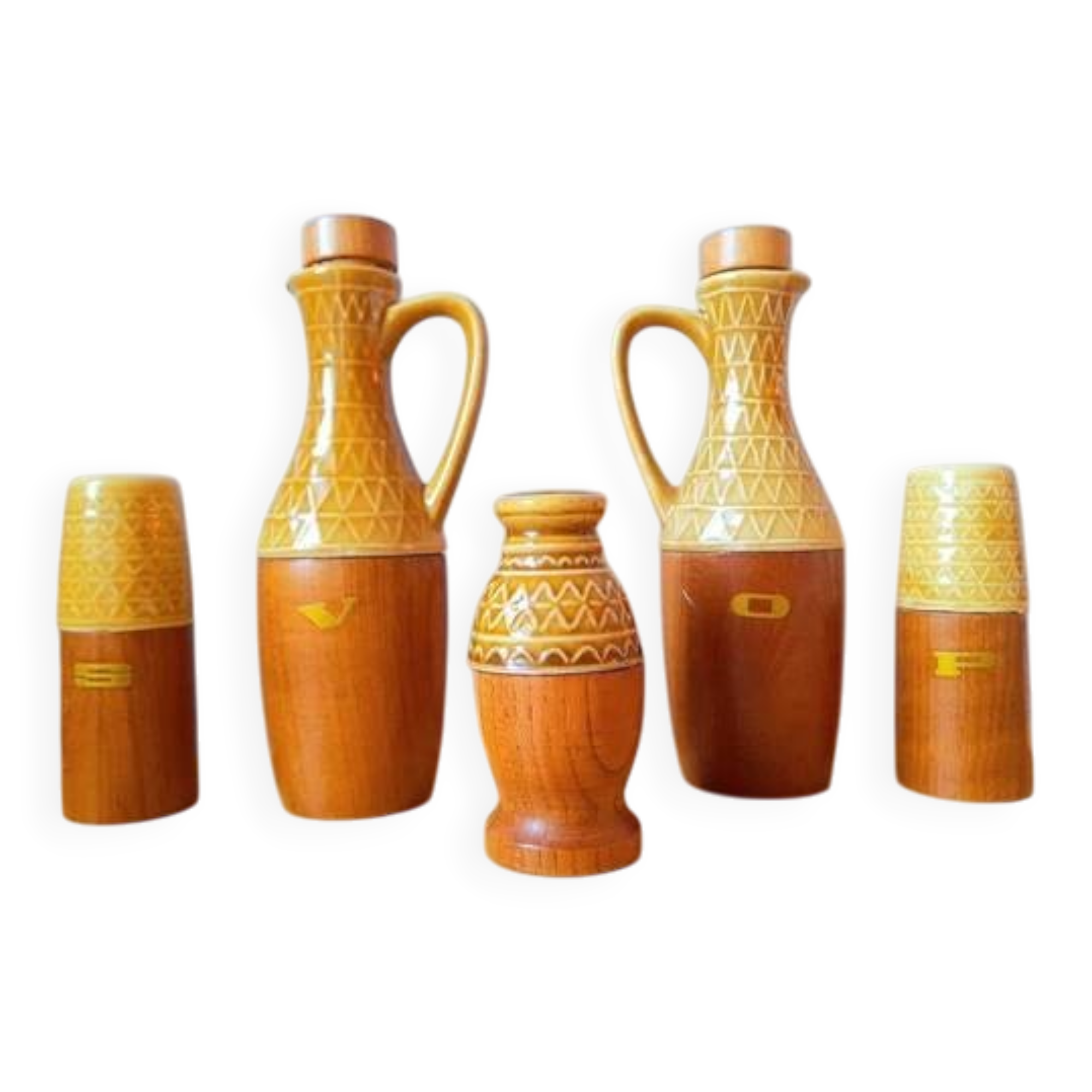 Condiment set, ceramic and wood, 1970