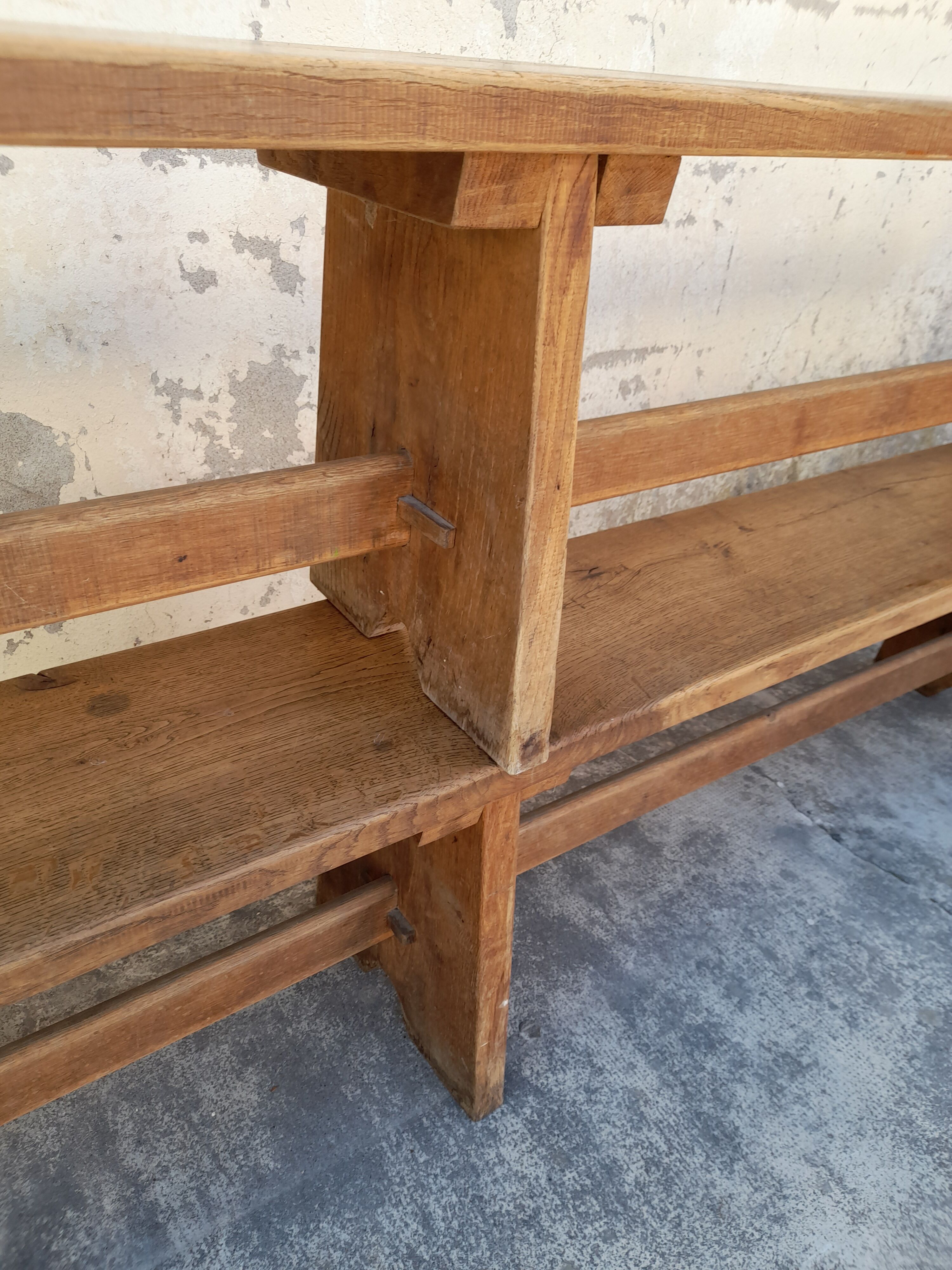 Pair of oak old farm benches 2m71