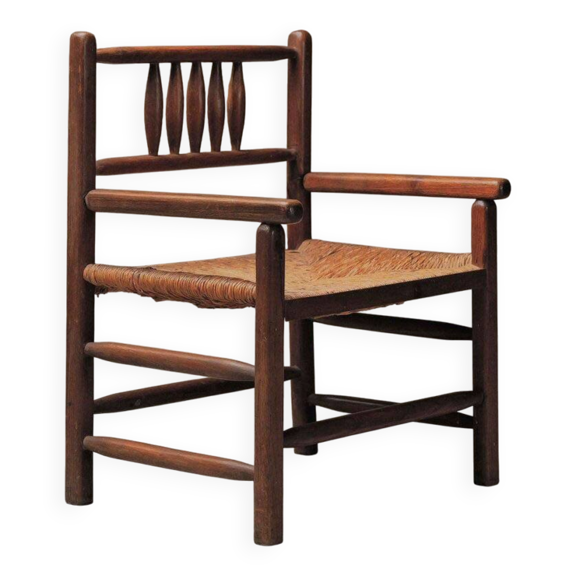 Wicker armchair in solid wood, handcrafted, France, around 1950.
