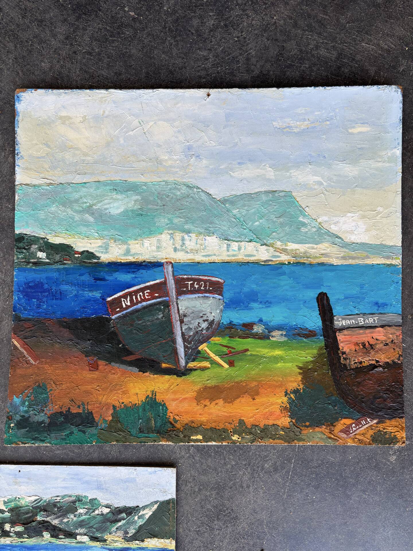 Suite de 3 huiles sur panneaux - paysages marins