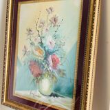 Large HST painting depicting a floral bouquet signed Lina Pont (?)