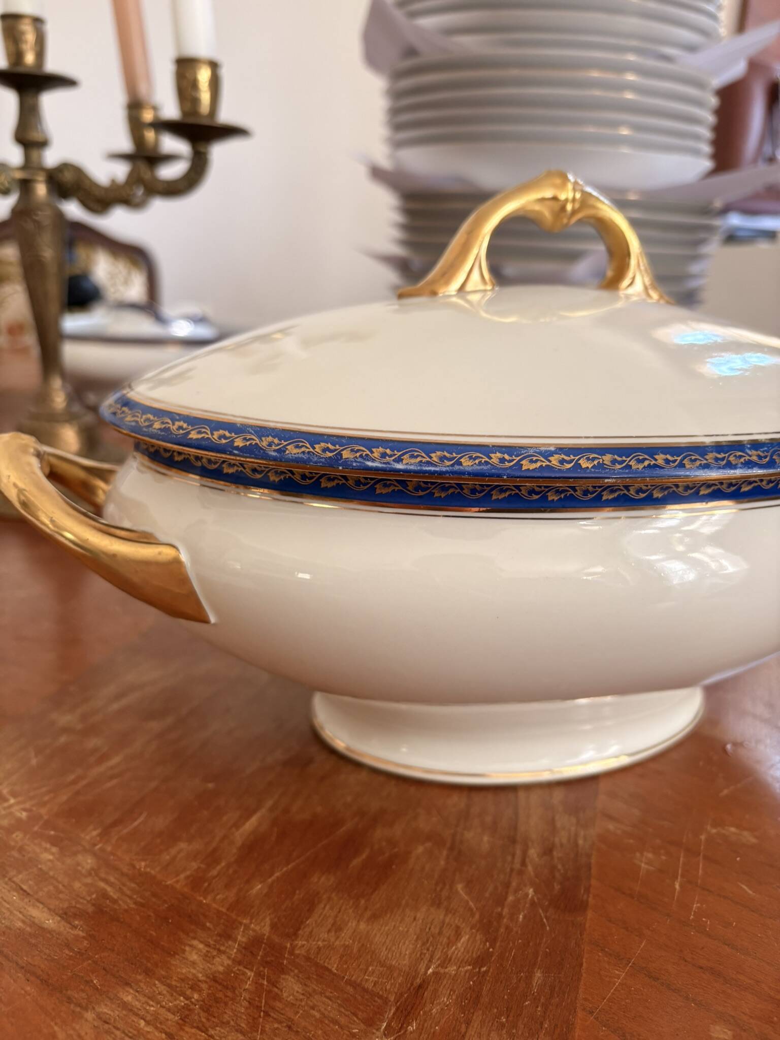 Large Soup Tureen Porcelain Limoges Blue Gold Betoule & Legrand France 1/2