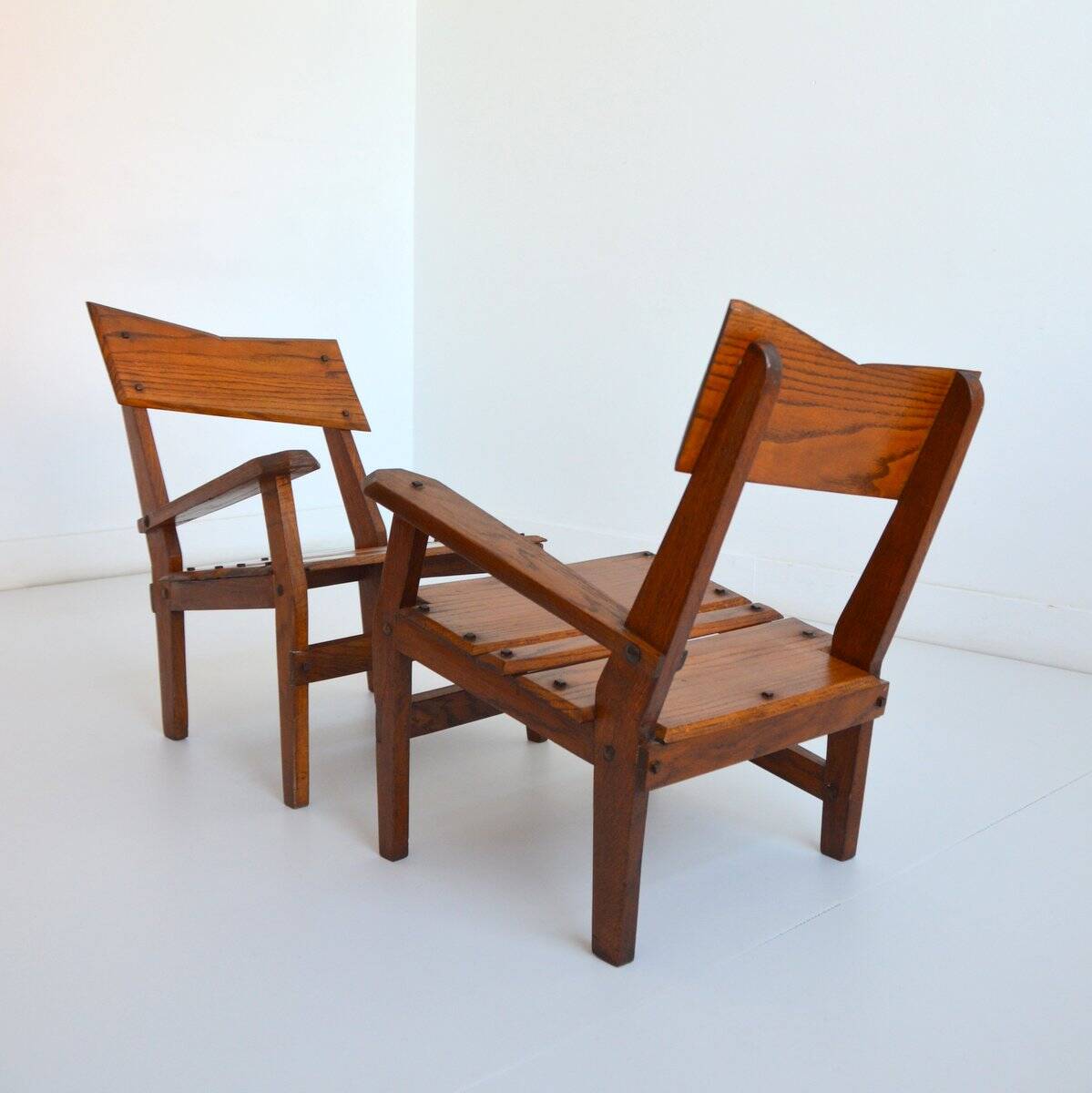 Armchairs convertible into Brutalist Bench in solid wood 1940 vintage