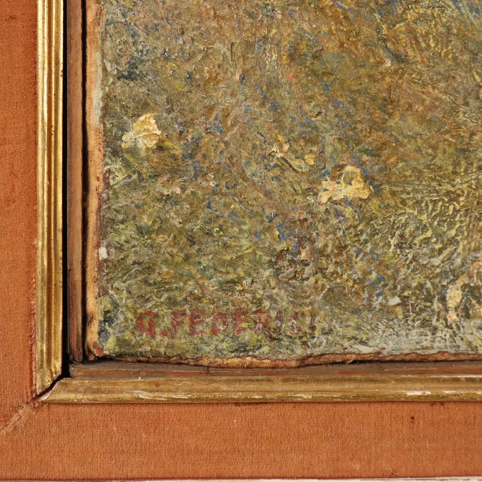 Modern painting signed G. Federici, mountain landscape, oil on canvas.