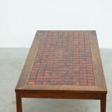 Danish red ceramic and teak coffee table