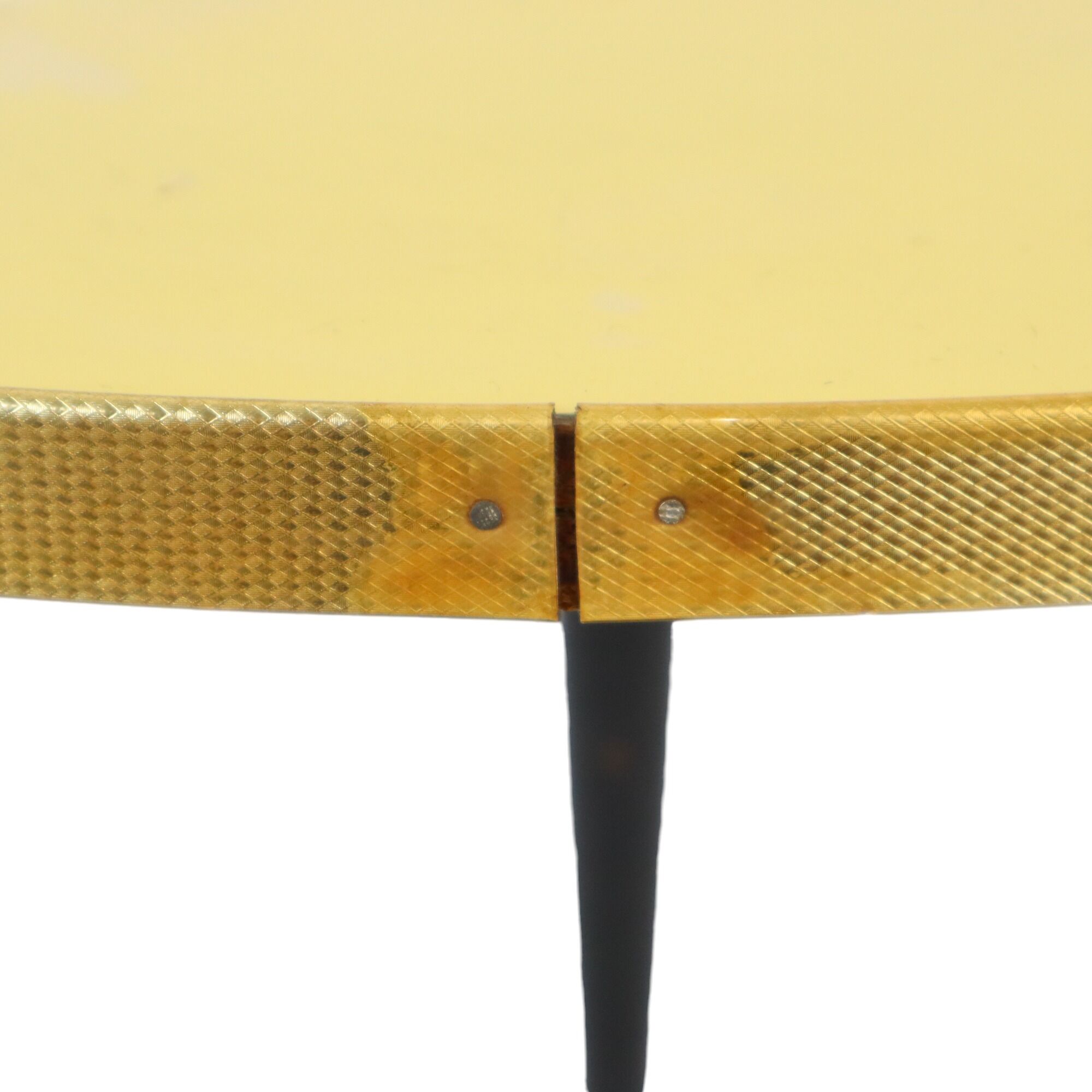 Seventies yellow triangular plant table design formica copper conical
