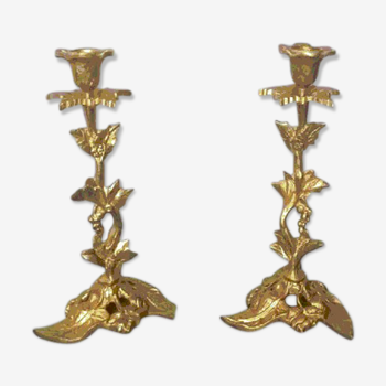 Pair of Art Deco candlesticks vine leaves and grape clusters - Bronze