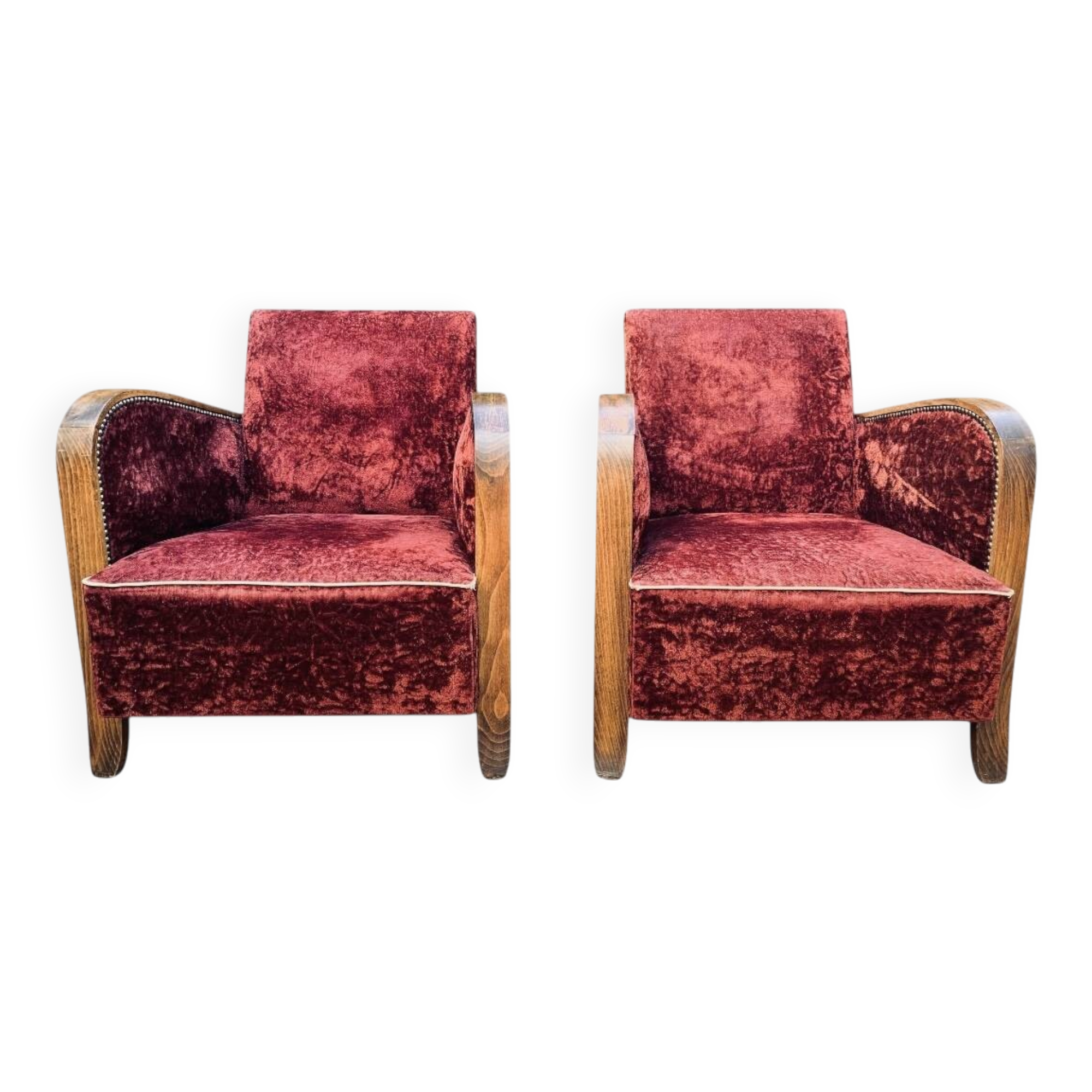 Pair of Art Deco club armchairs in burgundy red velvet, 1930s