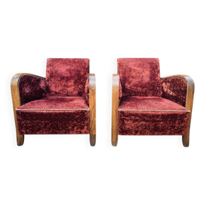 Paire de fauteuils club - velours bordeaux