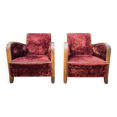Paire de fauteuils club art déco velours frappé rouge bordeaux 1930