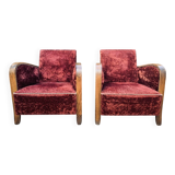 Pair of Art Deco club armchairs in burgundy red velvet, 1930s