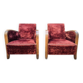 Paire de fauteuils club art déco velours frappé rouge bordeaux 1930