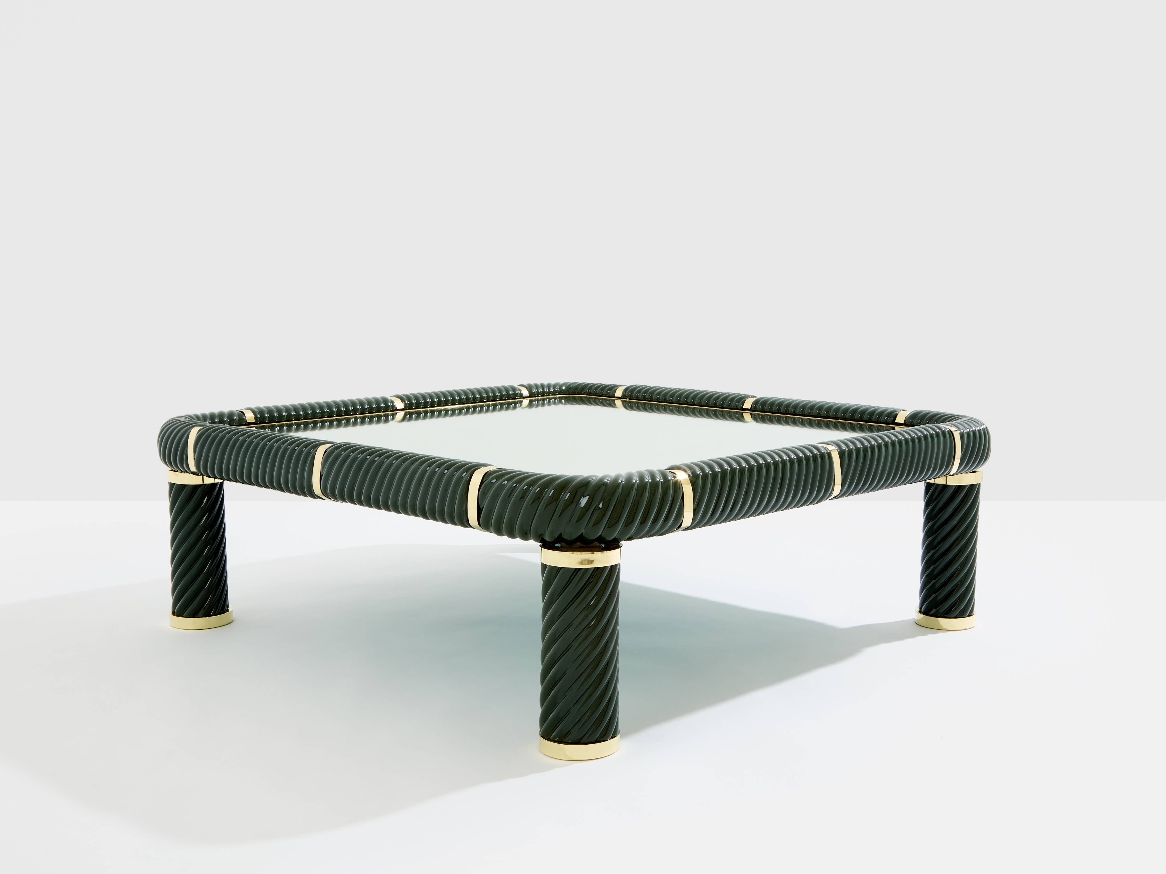 Olive green ceramic and brass coffee table by Tommaso Barbi 1970