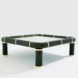 Olive green ceramic and brass coffee table by Tommaso Barbi 1970