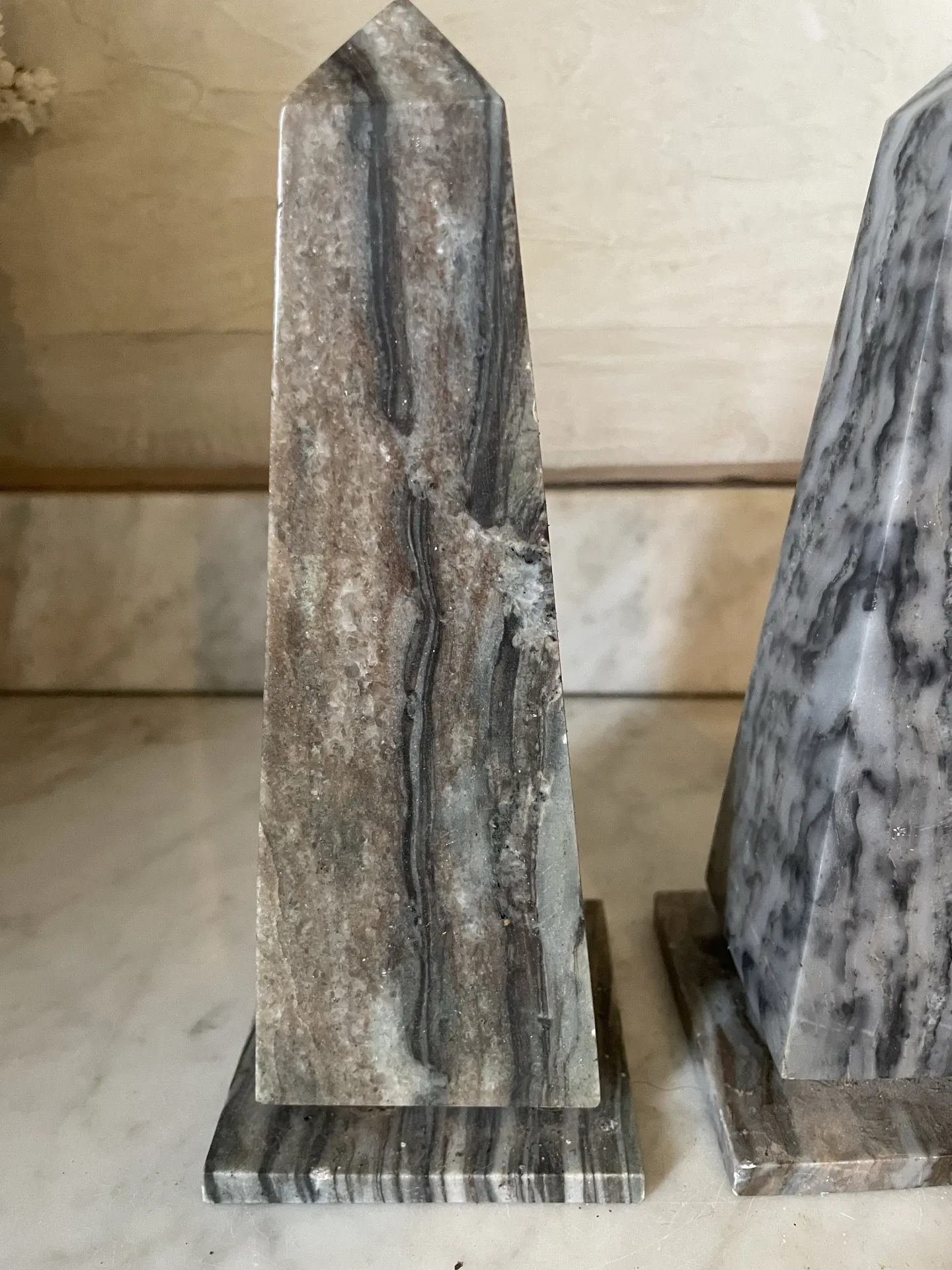 pair of obelisk bookends in grey/brown marble Art Deco style