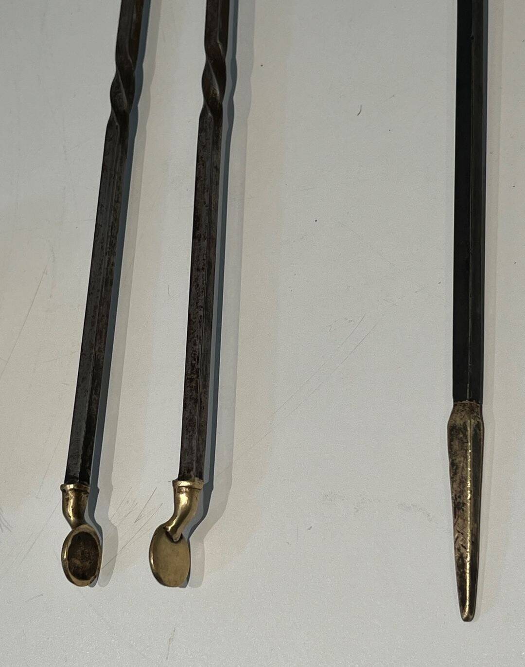 Fire Tool Set in Brass and Brushed Steel with Claw Feet, Attributed to the