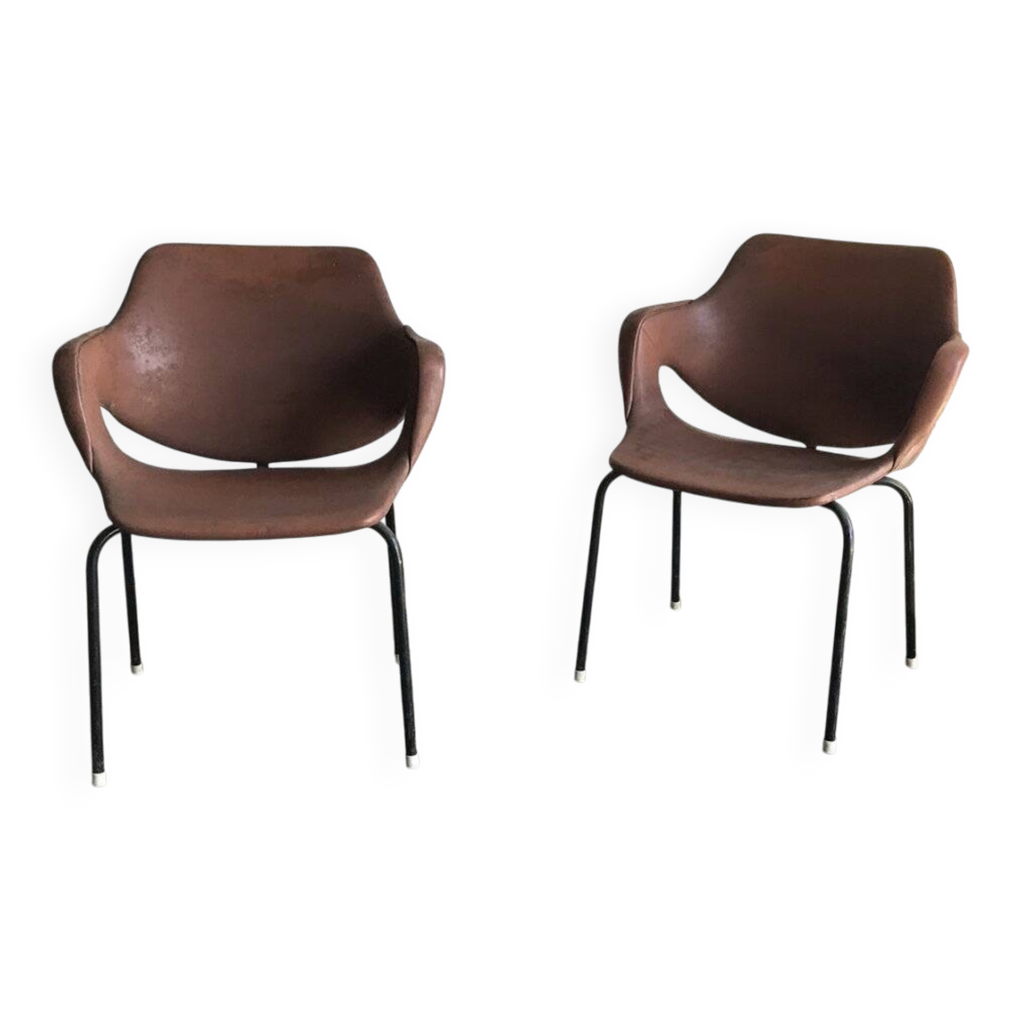 Set of 2 mid-century brown faux leather armchairs with black metal legs, 1960s.