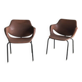 Set de 2 fauteuils mid-century marron en skaï avec piètement métal noir, 1960s
