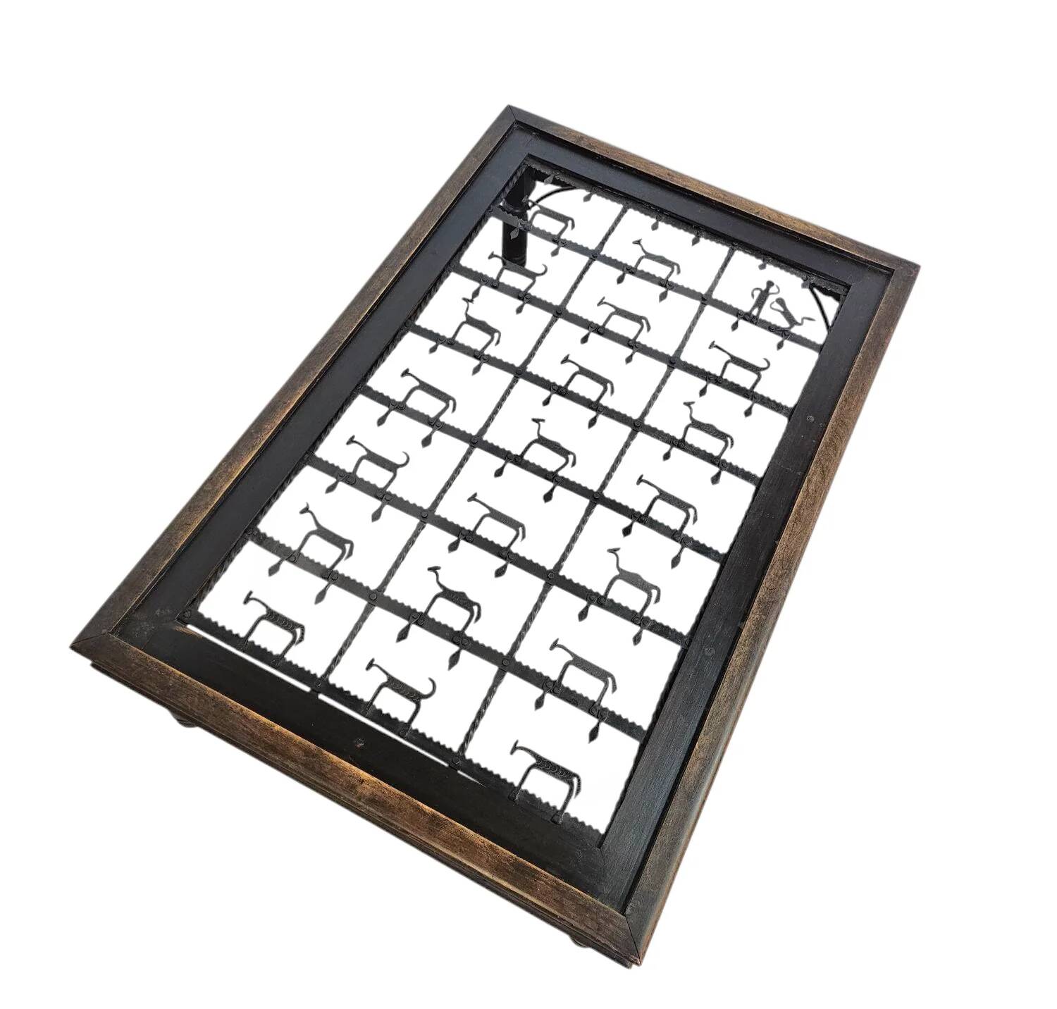 French brutalist coffee table, forged wrought iron, shepherd with dog and his herd, 1970s, transparent glass top