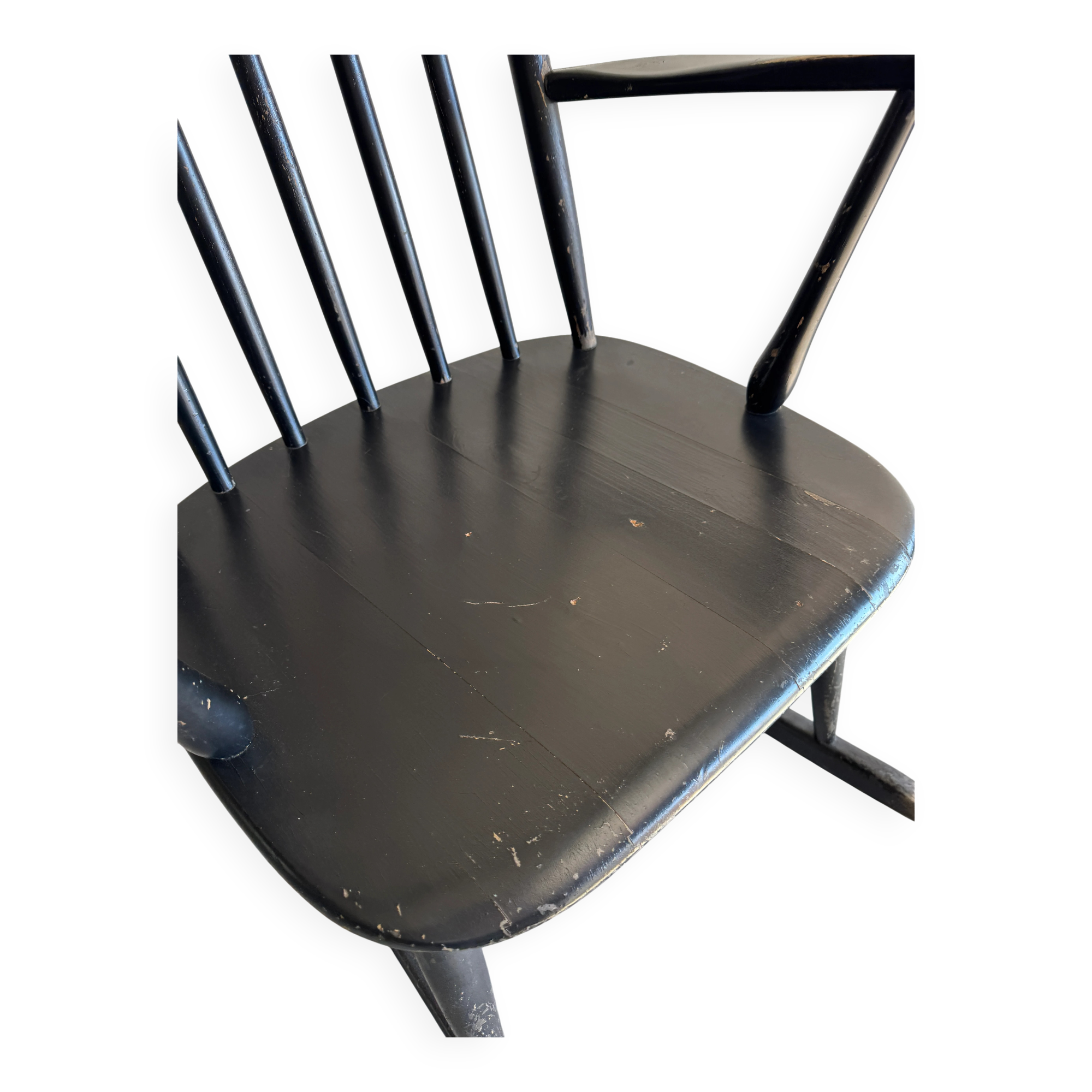 Black solid wood Scandinavian Windsor rocking chair — tall spindle back, mid-20th century