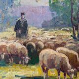 Hst painting "shepherd and sheep near the pond" signed a. disert impressionism