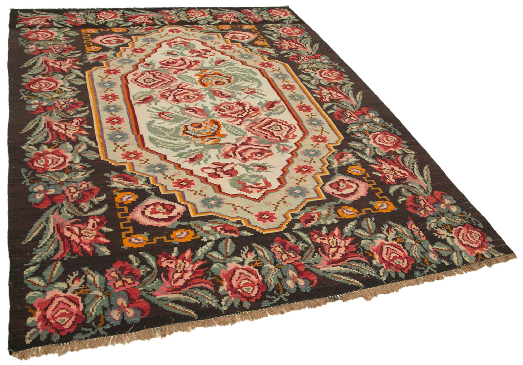 Hand-Knotted Vintage Bessarabian Black Kilim 183 cm x 274 cm - 22170