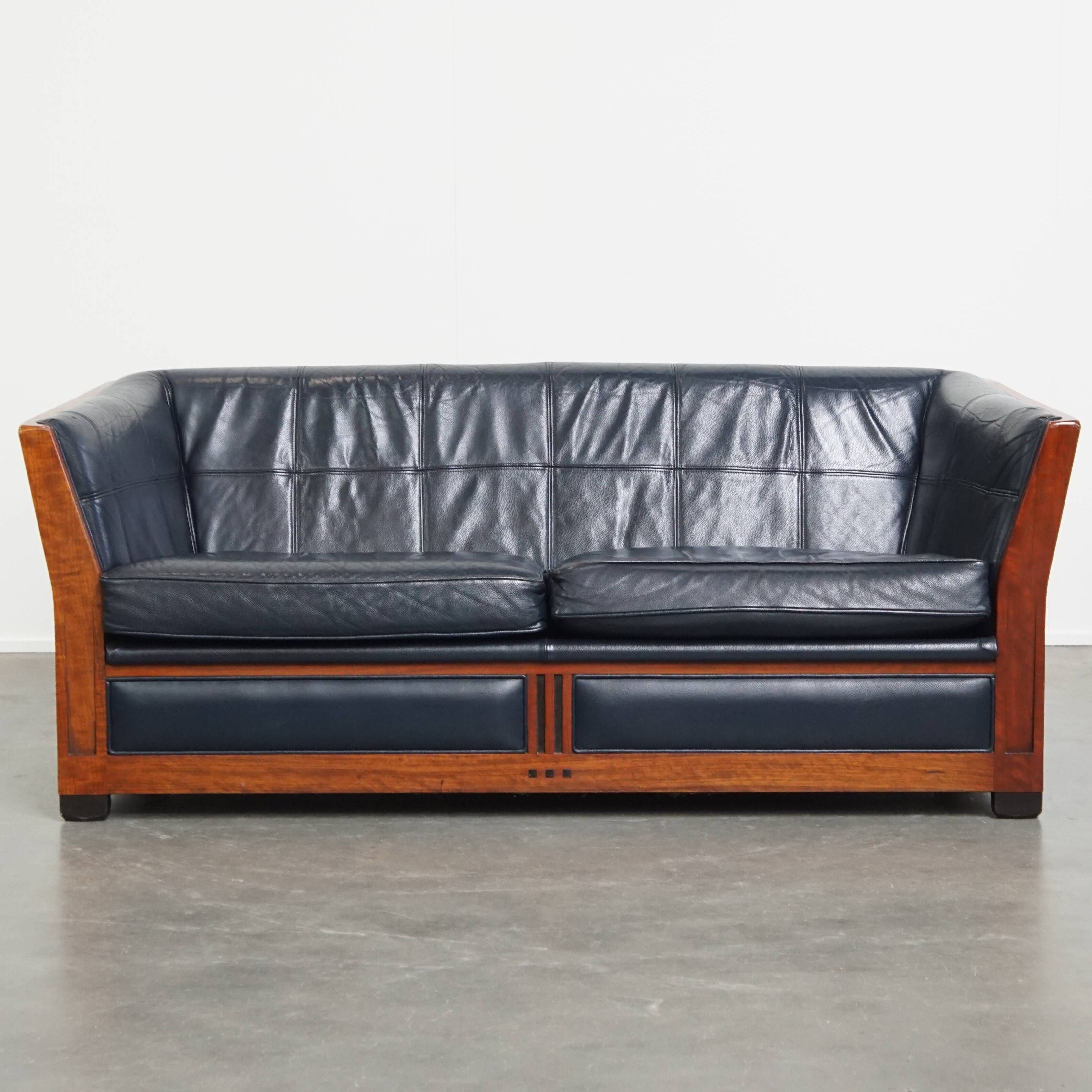 2.5-Seater Art Deco Sofa with Woodwork and Dark Blue Cowhide Leather