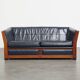 2.5-Seater Art Deco Sofa with Woodwork and Dark Blue Cowhide Leather