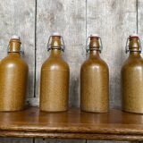 Set of 4 Old Beige Stoneware Bottles + Vintage Porcelain Stopper