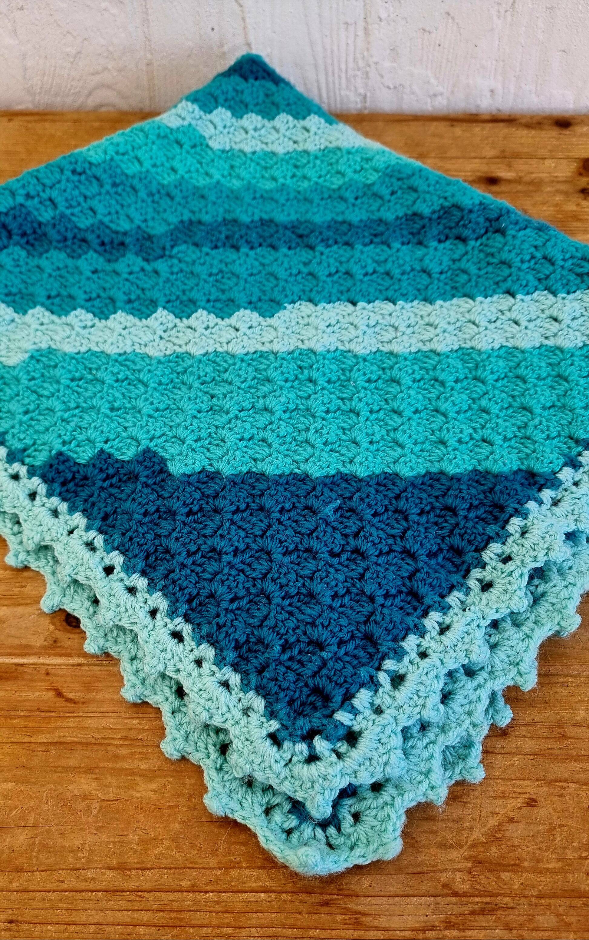 Vintage turquoise and lagoon blue crochet children's blanket