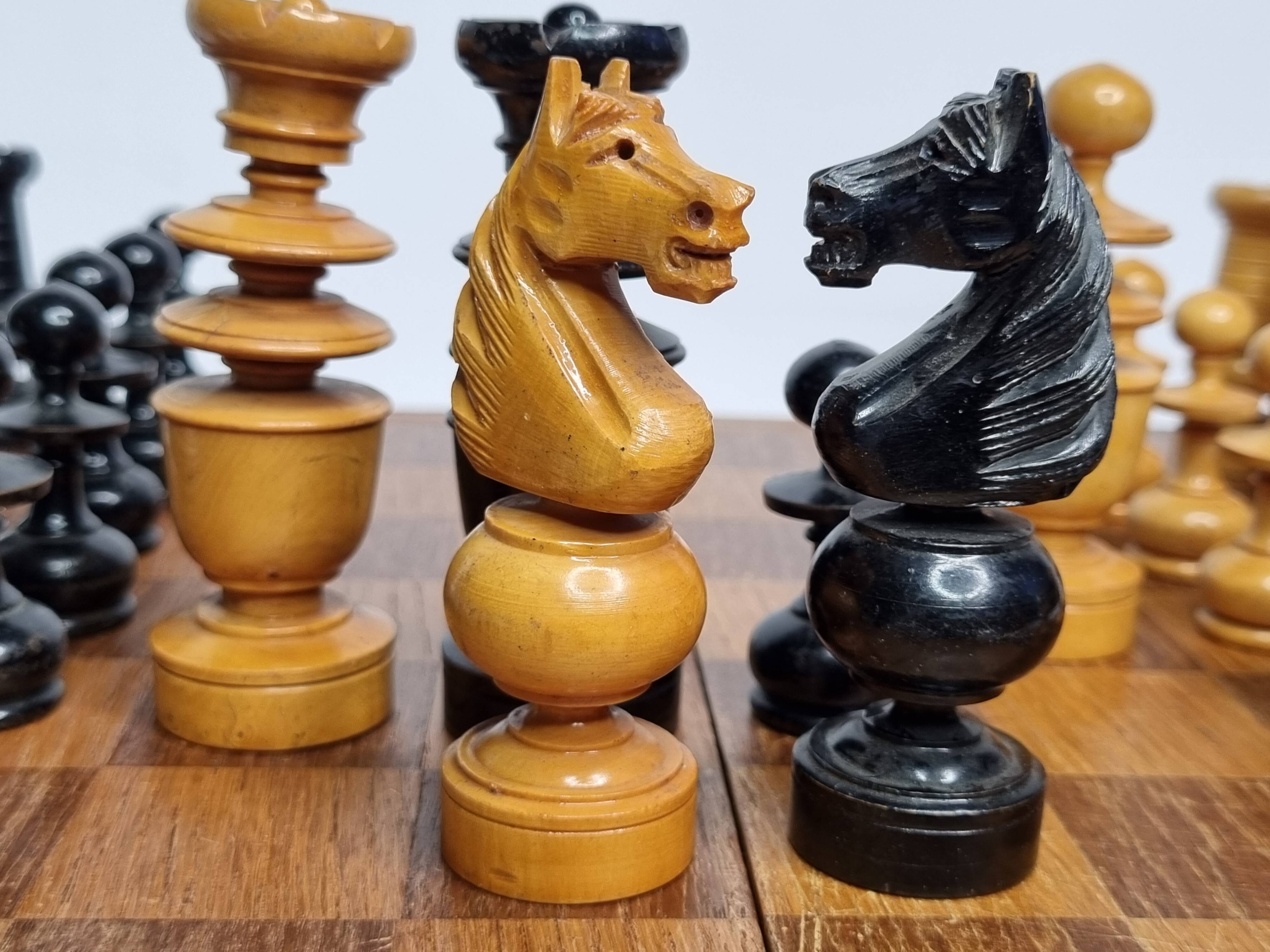 Vintage Solid Wood Folding Chess Set, Regency Bistro Style, Carved Turned Wood Pieces