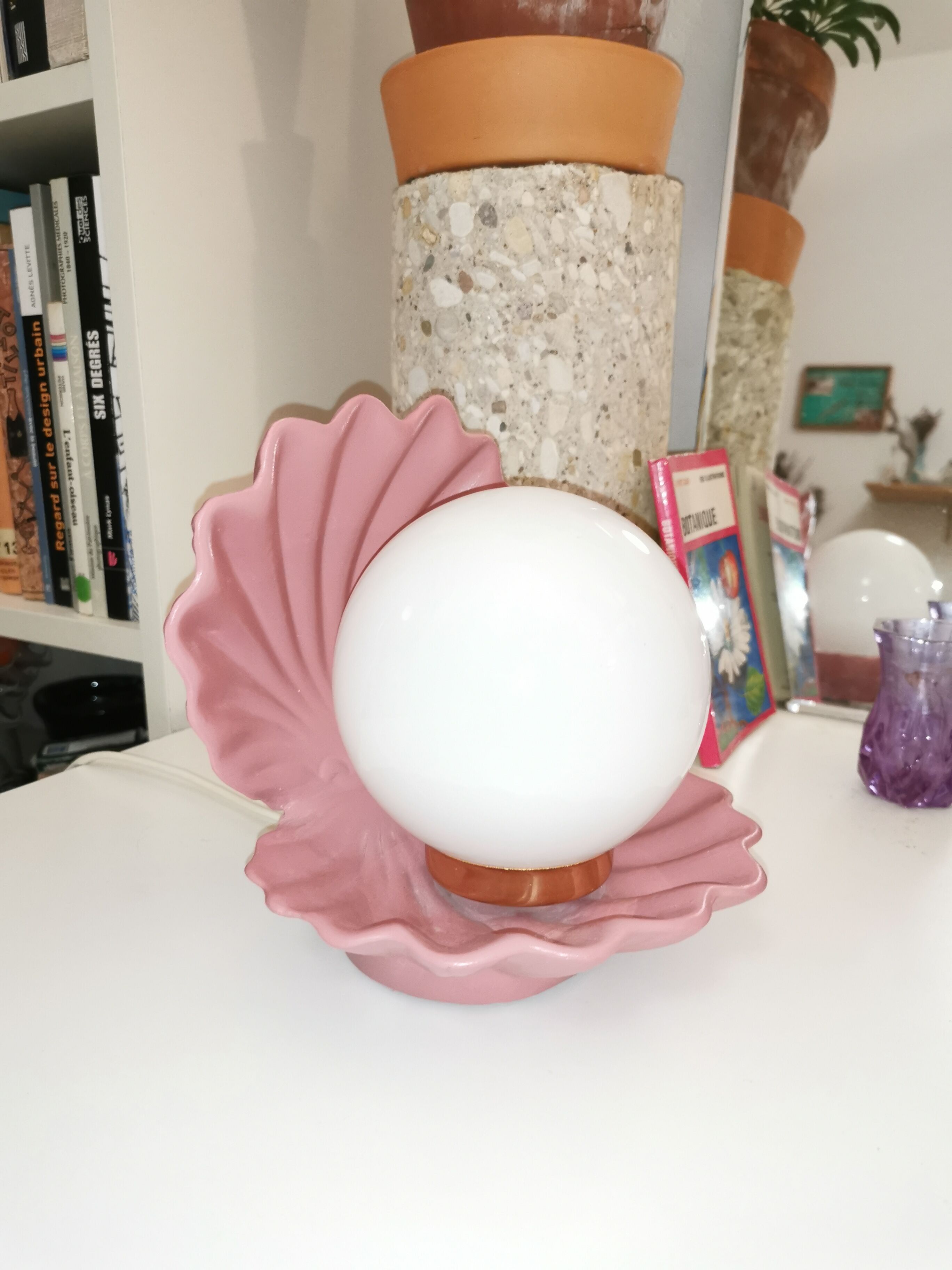 Ceramic shell lamp and opaline bead, saint-jacques, france, 1980