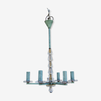 Art deco chandelier in crystal and bronze with green patina