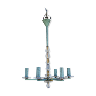 Art deco chandelier in crystal and bronze with green patina