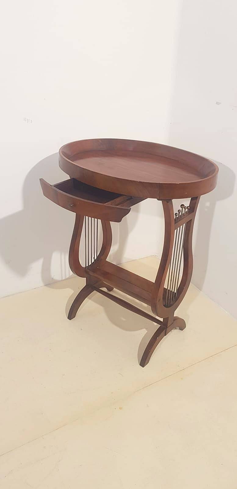 Vintage French Side Table with Lyre-Shaped Legs and Oval Tray Top