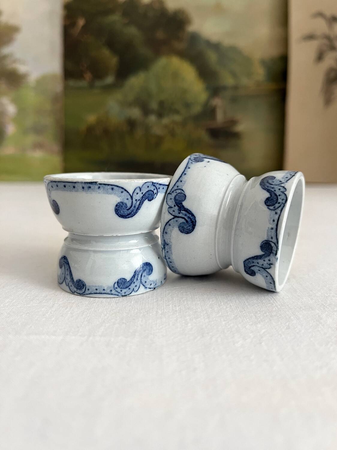 2 old diabolo egg cups, iron earth “Dutch” Creil and Montereau