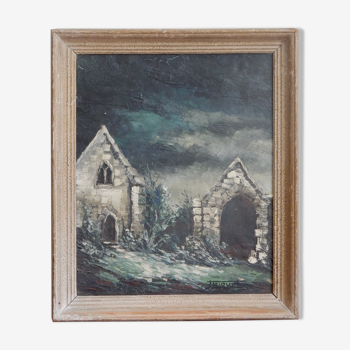 Huile sur toile peinture chapelle de campagne ciel d'orage